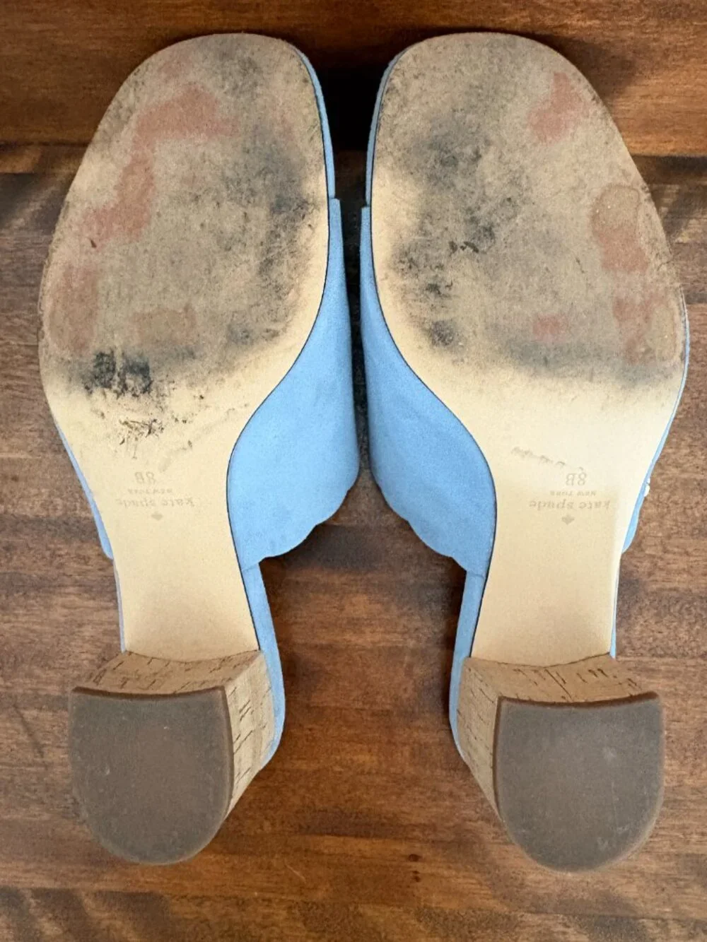 Kate Spade Blythe Blue Suede Scallop Cork Block Heel Mule Sandals Coastal Chic 8